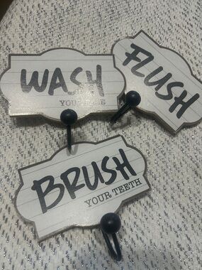 Bathroom Hook Set - Wash Brush Flush Signs